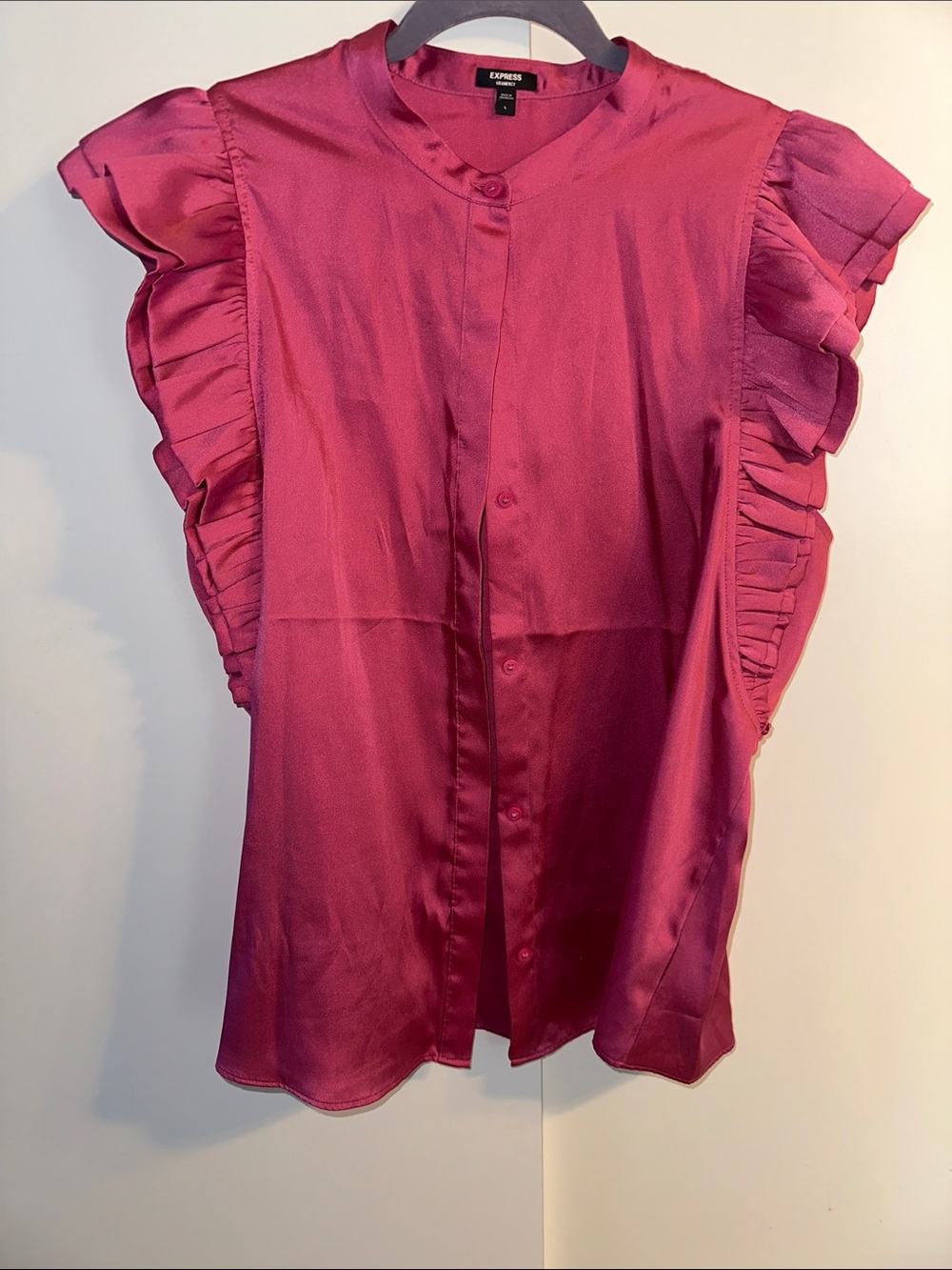 Express Magenta Ruffle Sleeve Button-Front Blouse w/ Hidden Buttons